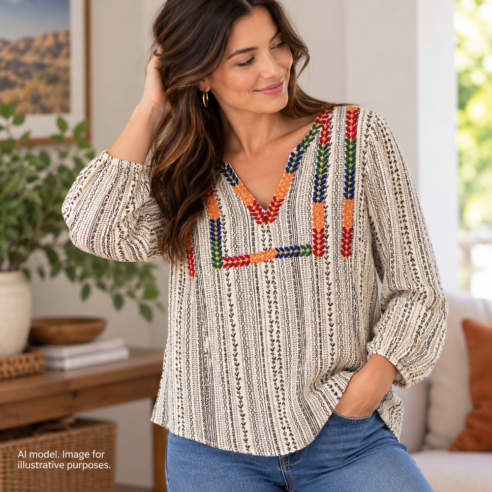 Savanna Jane Shirt Women M Off White Lux Boho Geometric Stripe Embroidered Tunic